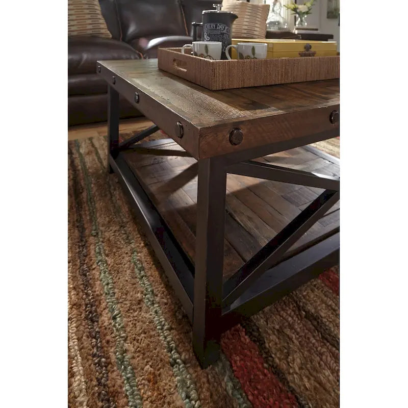 Table basse carrée en bois marron avec étagère inférieure
