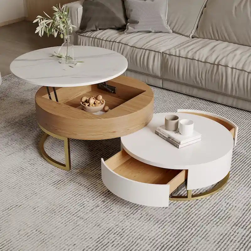 Table Basse Relevable Ronde Blanche avec Tiroirs Rotatifs, Ensemble Gigogne pour 1-2 Personnes