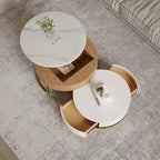 Table Basse Relevable Ronde Blanche avec Tiroirs Rotatifs, Ensemble Gigogne pour 1-2 Personnes