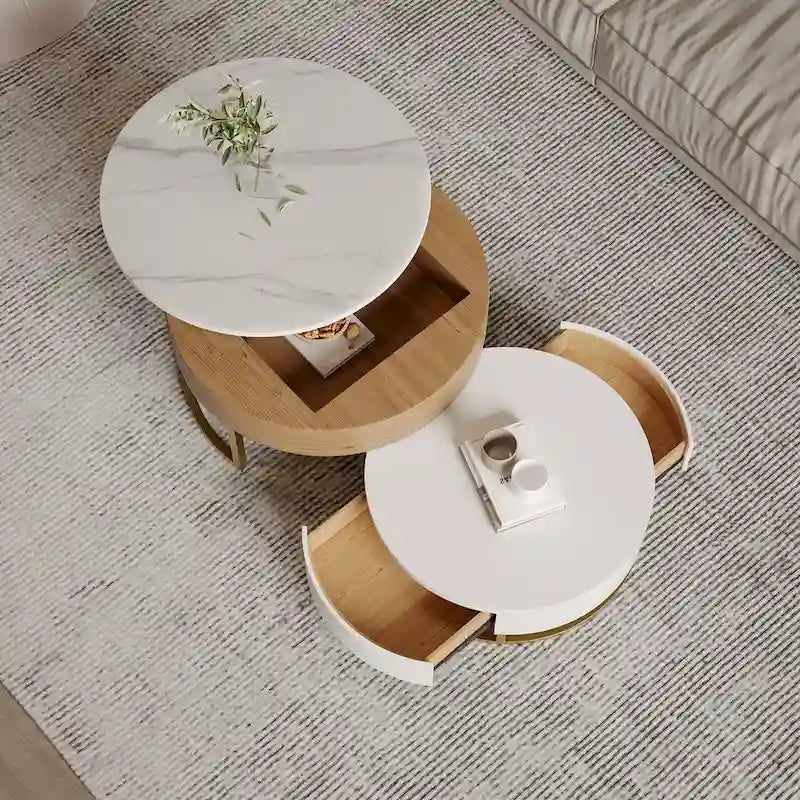 Table Basse Relevable Ronde Blanche avec Tiroirs Rotatifs, Ensemble Gigogne pour 1-2 Personnes