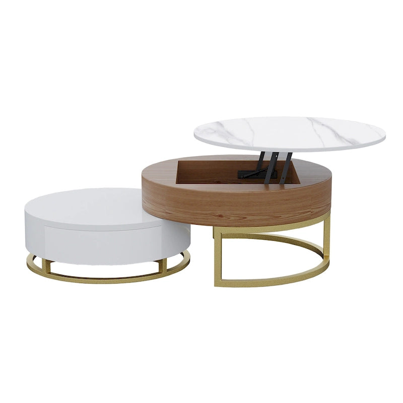 Table Basse Relevable Ronde Blanche avec Tiroirs Rotatifs, Ensemble Gigogne pour 1-2 Personnes