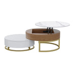 Table Basse Relevable Ronde Blanche avec Tiroirs Rotatifs, Ensemble Gigogne pour 1-2 Personnes