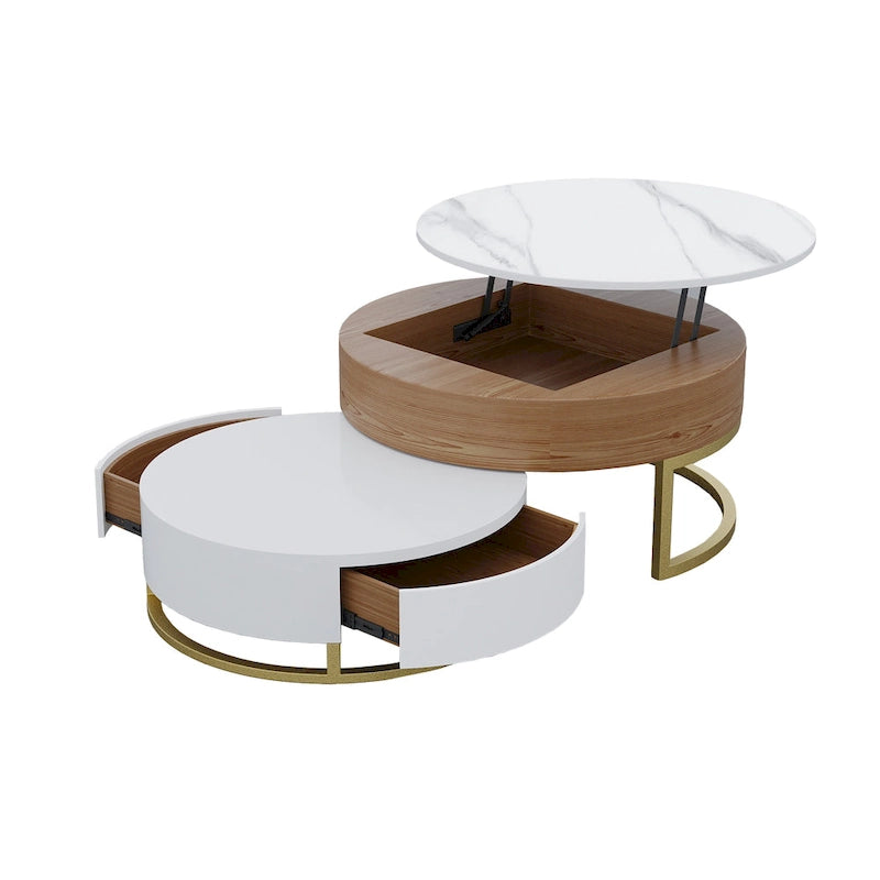 Table Basse Relevable Ronde Blanche avec Tiroirs Rotatifs, Ensemble Gigogne pour 1-2 Personnes