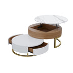 Table Basse Relevable Ronde Blanche avec Tiroirs Rotatifs, Ensemble Gigogne pour 1-2 Personnes