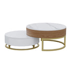 Table Basse Relevable Ronde Blanche avec Tiroirs Rotatifs, Ensemble Gigogne pour 1-2 Personnes