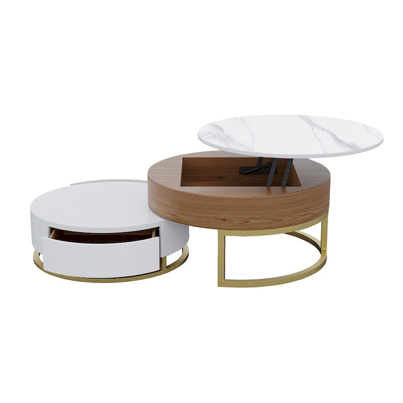 Table Basse Relevable Ronde Blanche avec Tiroirs Rotatifs, Ensemble Gigogne pour 1-2 Personnes