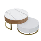 Table Basse Relevable Ronde Blanche avec Tiroirs Rotatifs, Ensemble Gigogne pour 1-2 Personnes