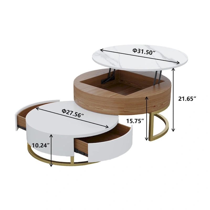 Table Basse Relevable Ronde Blanche avec Tiroirs Rotatifs, Ensemble Gigogne pour 1-2 Personnes
