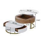 Table Basse Relevable Ronde Blanche avec Tiroirs Rotatifs, Ensemble Gigogne pour 1-2 Personnes