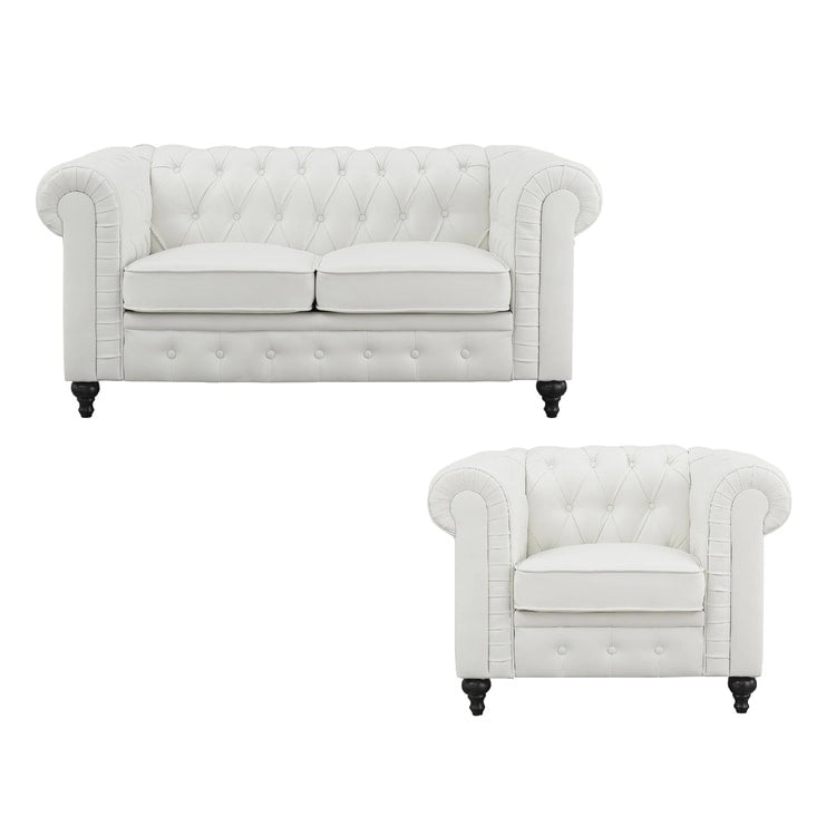 Ensemble Causeuse et Fauteuil d'appoint Chesterfield 3 places en Faux Cuir Gris/Blanc