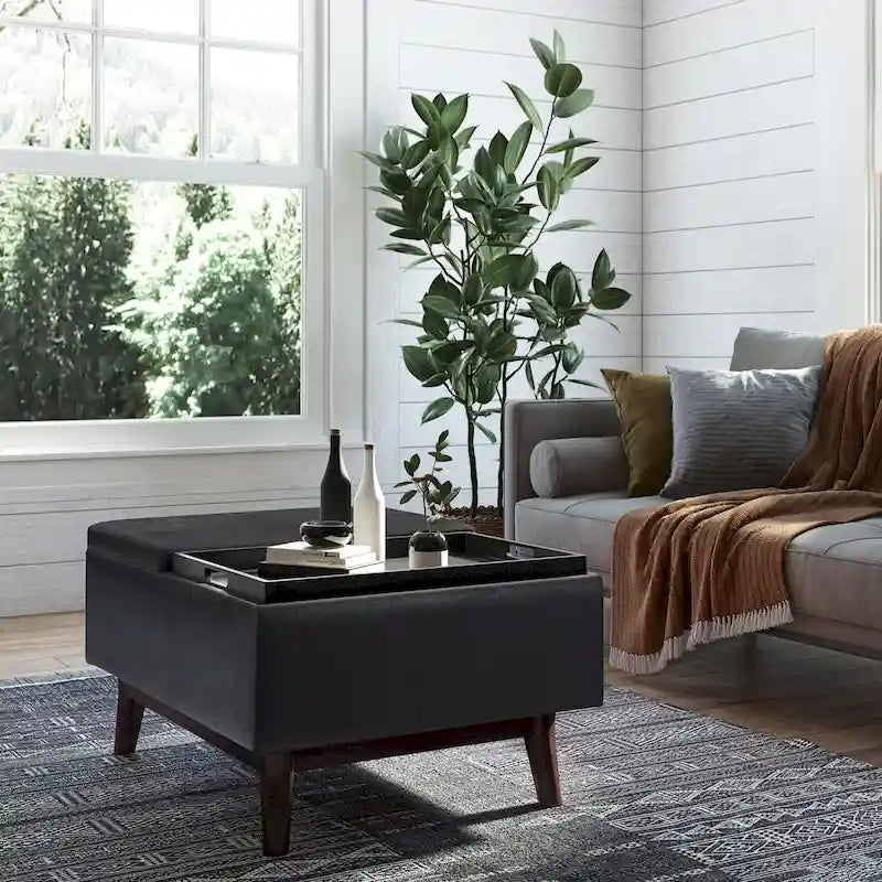 Pouffe de rangement rectangulaire Mid-Century avec plateau amovible, aspect vieilli, 1 place