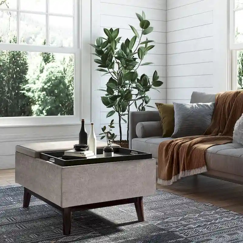 Pouffe de rangement rectangulaire Mid-Century avec plateau amovible, aspect vieilli, 1 place
