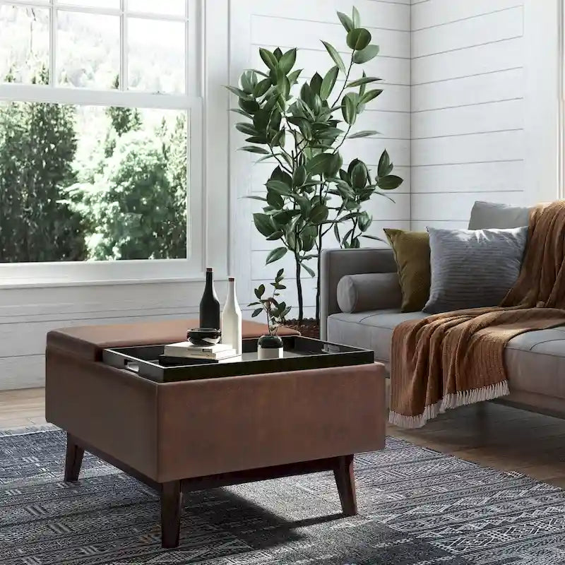 Pouffe de rangement rectangulaire Mid-Century avec plateau amovible, aspect vieilli, 1 place