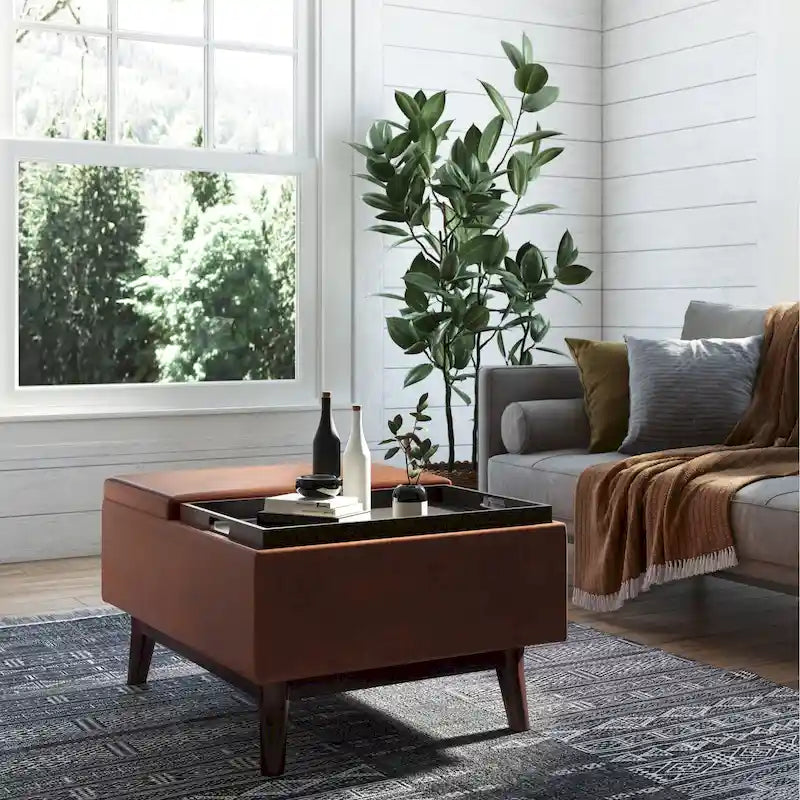 Pouffe de rangement rectangulaire Mid-Century avec plateau amovible, aspect vieilli, 1 place
