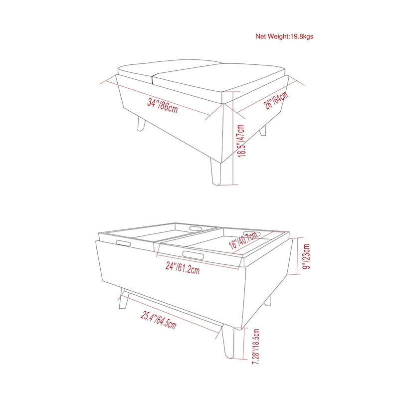 Pouffe de rangement rectangulaire Mid-Century avec plateau amovible, aspect vieilli, 1 place