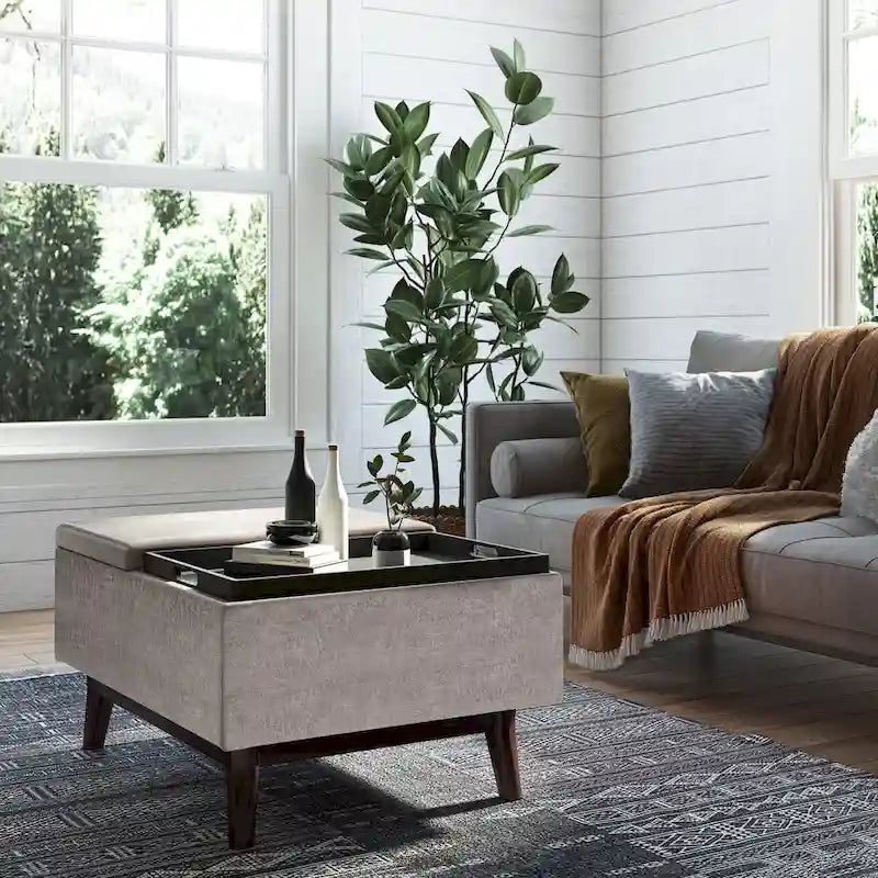 Pouffe de rangement rectangulaire Mid-Century avec plateau amovible, aspect vieilli, 1 place