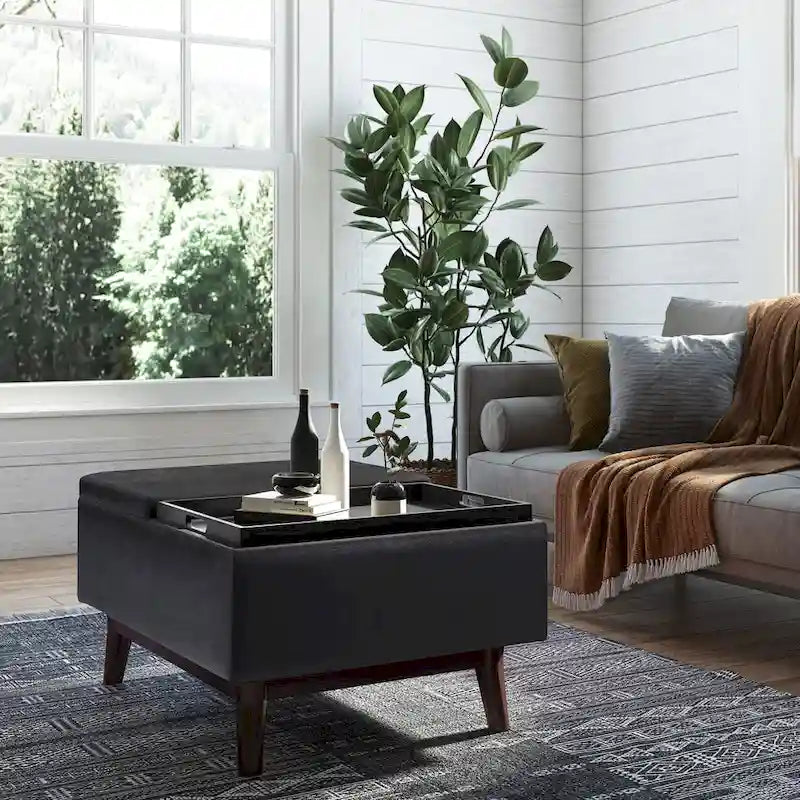 Pouffe de rangement rectangulaire Mid-Century avec plateau amovible, aspect vieilli, 1 place