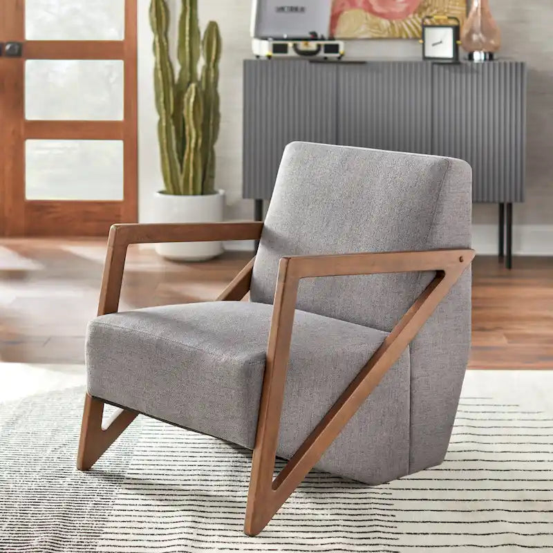 Fauteuil d'appoint du milieu du siècle – Tissu lin, accoudoirs en noyer, siège unique
