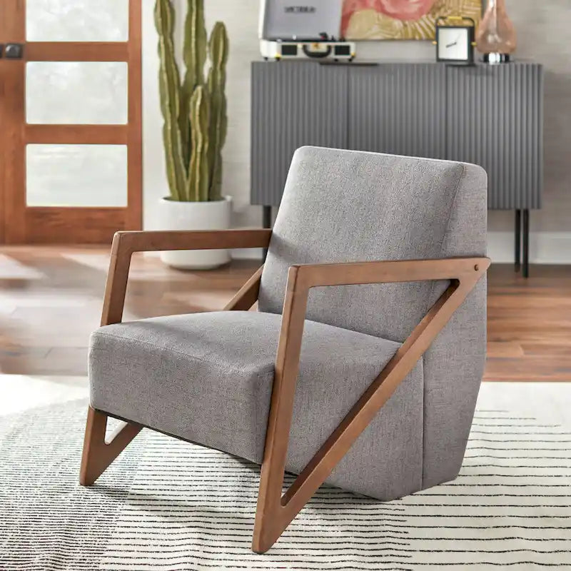 Fauteuil d'appoint du milieu du siècle – Tissu lin, accoudoirs en noyer, siège unique