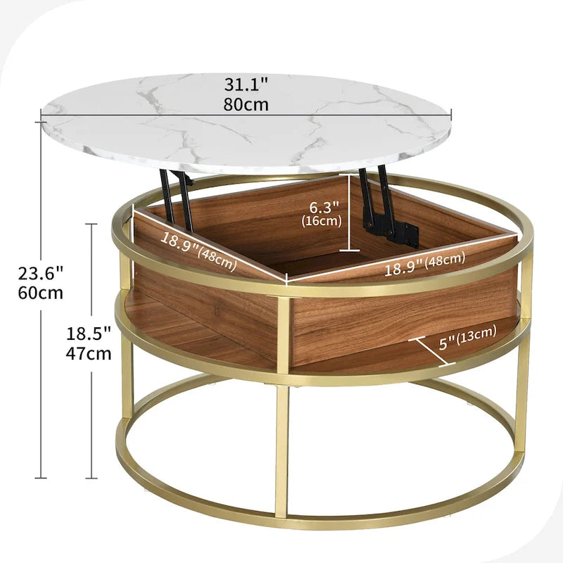 Table basse relevable ronde avec rangement dissimulé, blanc et marron / noir et marron / noir et gris