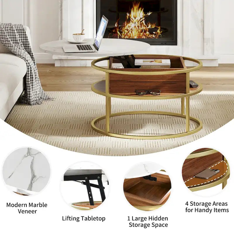 Table basse relevable ronde avec rangement dissimulé, blanc et marron / noir et marron / noir et gris