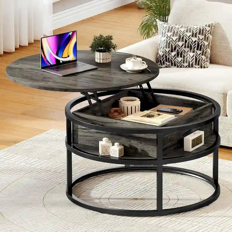 Table basse relevable ronde avec rangement dissimulé, blanc et marron / noir et marron / noir et gris