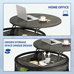 Table basse relevable ronde avec rangement dissimulé, blanc et marron / noir et marron / noir et gris