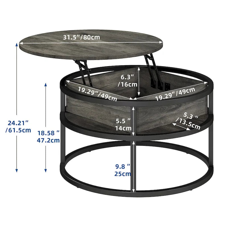 Table basse relevable ronde avec rangement dissimulé, blanc et marron / noir et marron / noir et gris