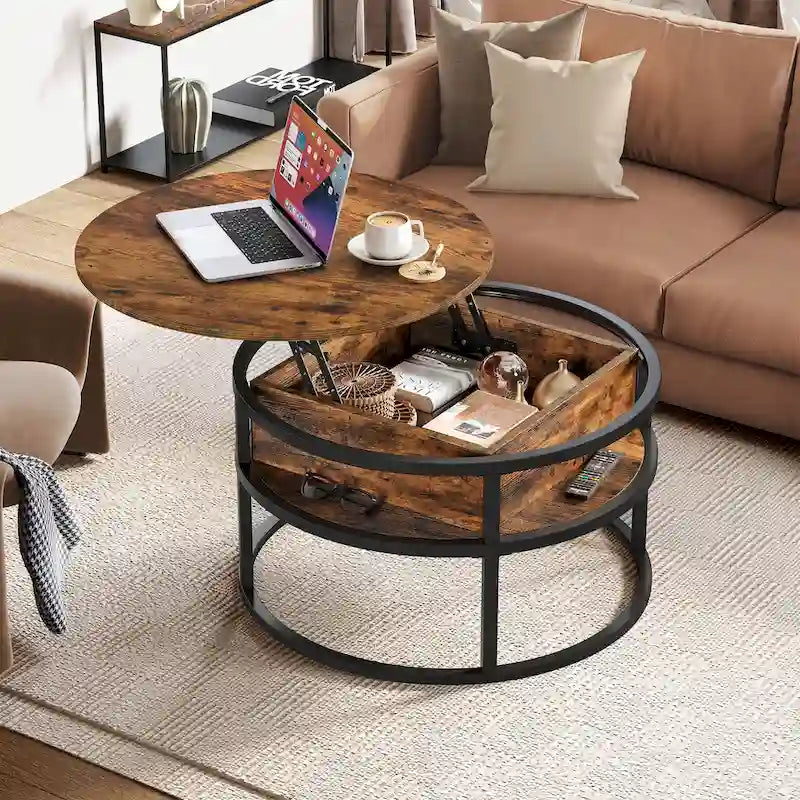 Table basse relevable ronde avec rangement dissimulé, blanc et marron / noir et marron / noir et gris