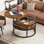 Table basse relevable ronde avec rangement dissimulé, blanc et marron / noir et marron / noir et gris