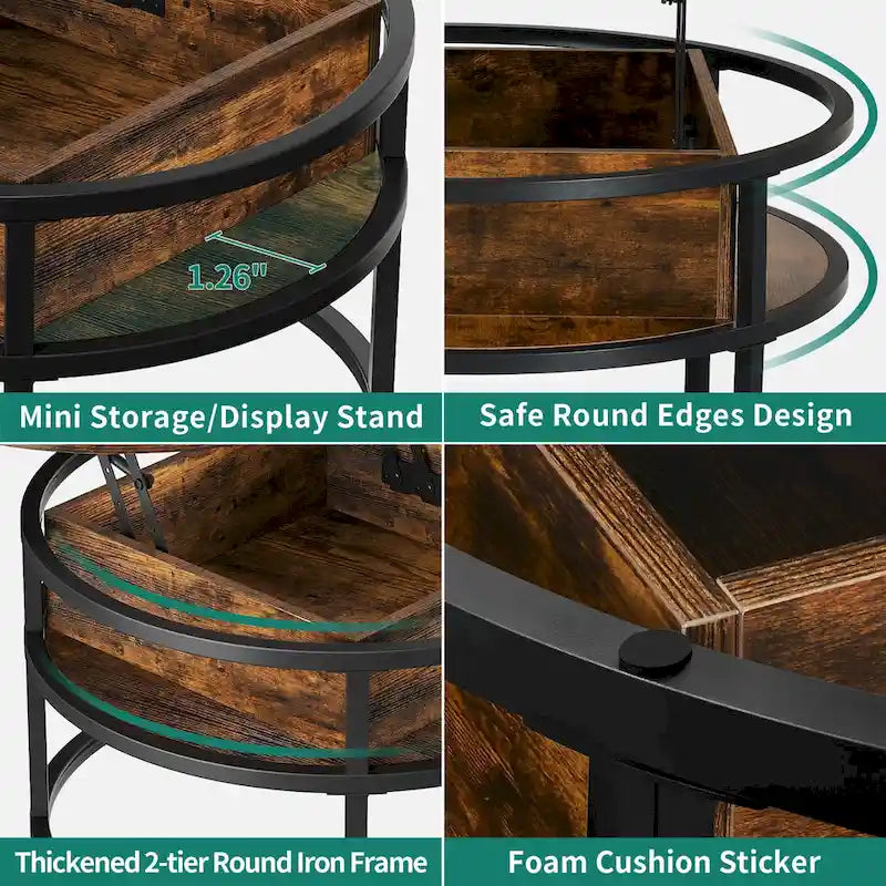 Table basse relevable ronde avec rangement dissimulé, blanc et marron / noir et marron / noir et gris