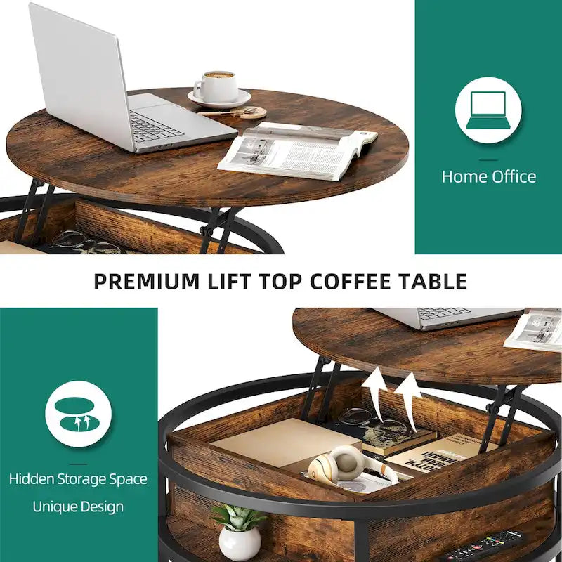 Table basse relevable ronde avec rangement dissimulé, blanc et marron / noir et marron / noir et gris