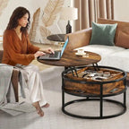 Table basse relevable ronde avec rangement dissimulé, blanc et marron / noir et marron / noir et gris