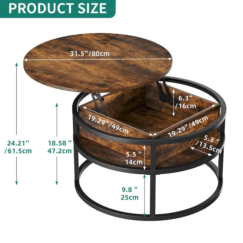 Table basse relevable ronde avec rangement dissimulé, blanc et marron / noir et marron / noir et gris