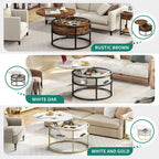 Table basse relevable ronde avec rangement dissimulé, blanc et marron / noir et marron / noir et gris