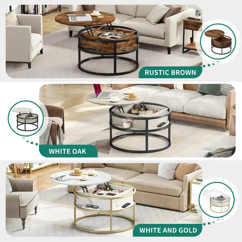Table basse relevable ronde avec rangement dissimulé, blanc et marron / noir et marron / noir et gris