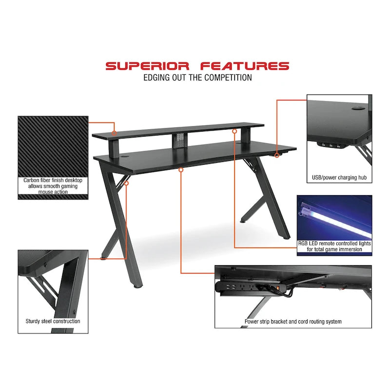 Bureau de jeu noir/rouge avec étagère pour écran, utilisateur unique, cadre en acier