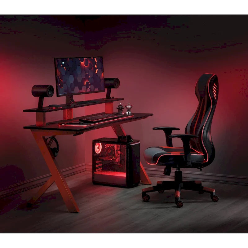 Bureau de jeu noir/rouge avec étagère pour écran, utilisateur unique, cadre en acier