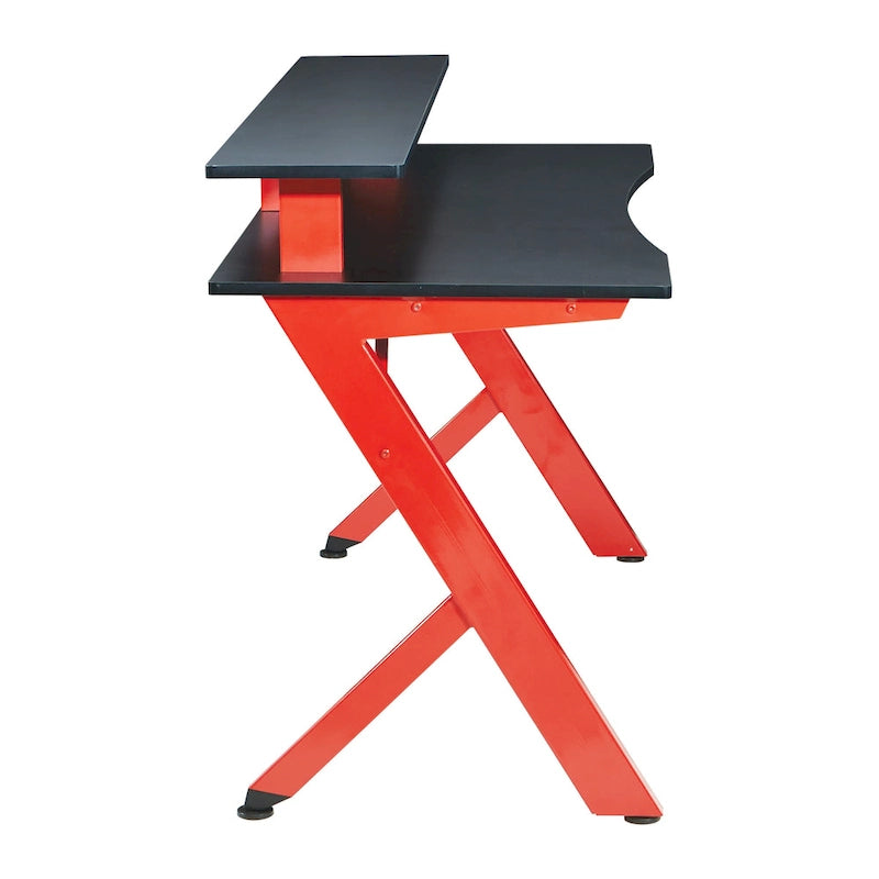 Bureau de jeu noir/rouge avec étagère pour écran, utilisateur unique, cadre en acier