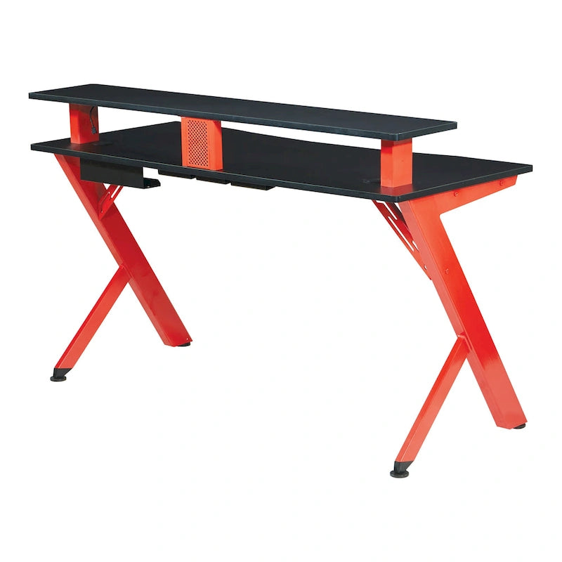 Bureau de jeu noir/rouge avec étagère pour écran, utilisateur unique, cadre en acier