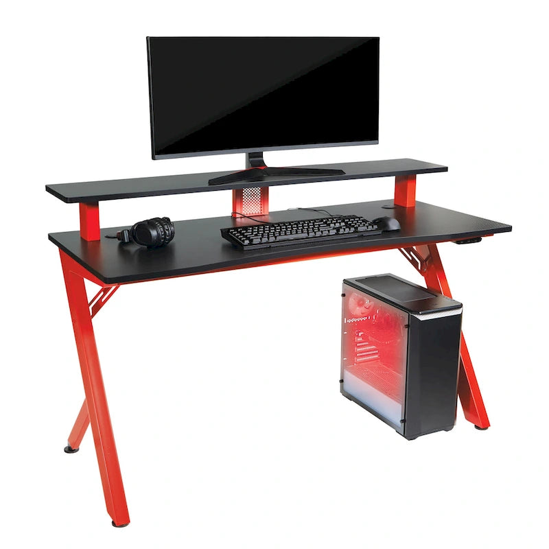 Bureau de jeu noir/rouge avec étagère pour écran, utilisateur unique, cadre en acier