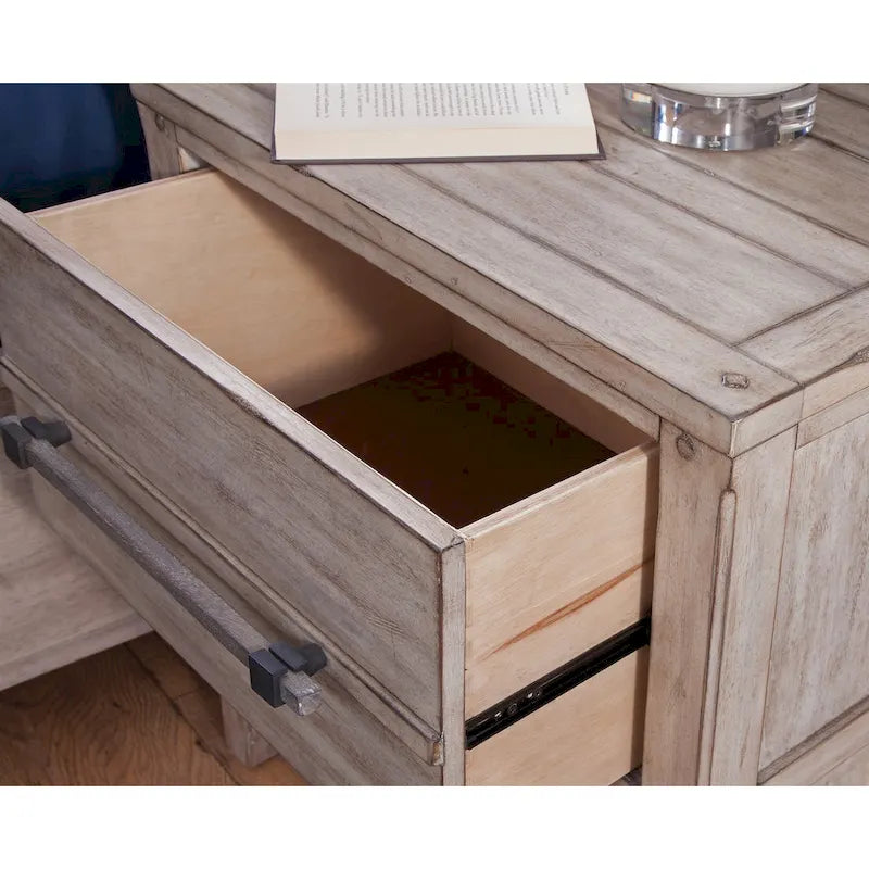 Table de chevet à 2 tiroirs, Blanc vieilli / Gris délavé, Style rustique, 1 pièce