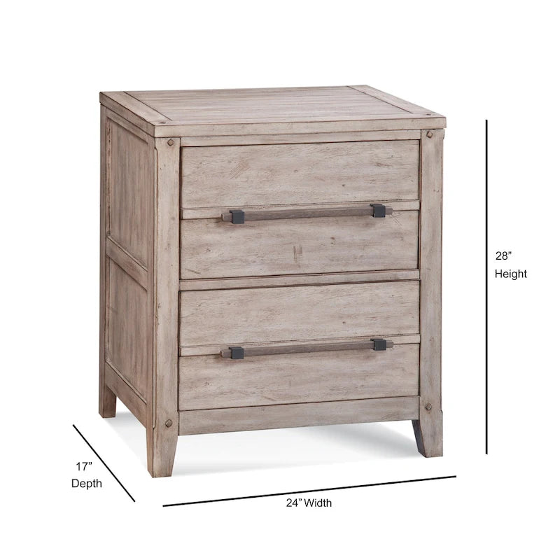 Table de chevet à 2 tiroirs, Blanc vieilli / Gris délavé, Style rustique, 1 pièce