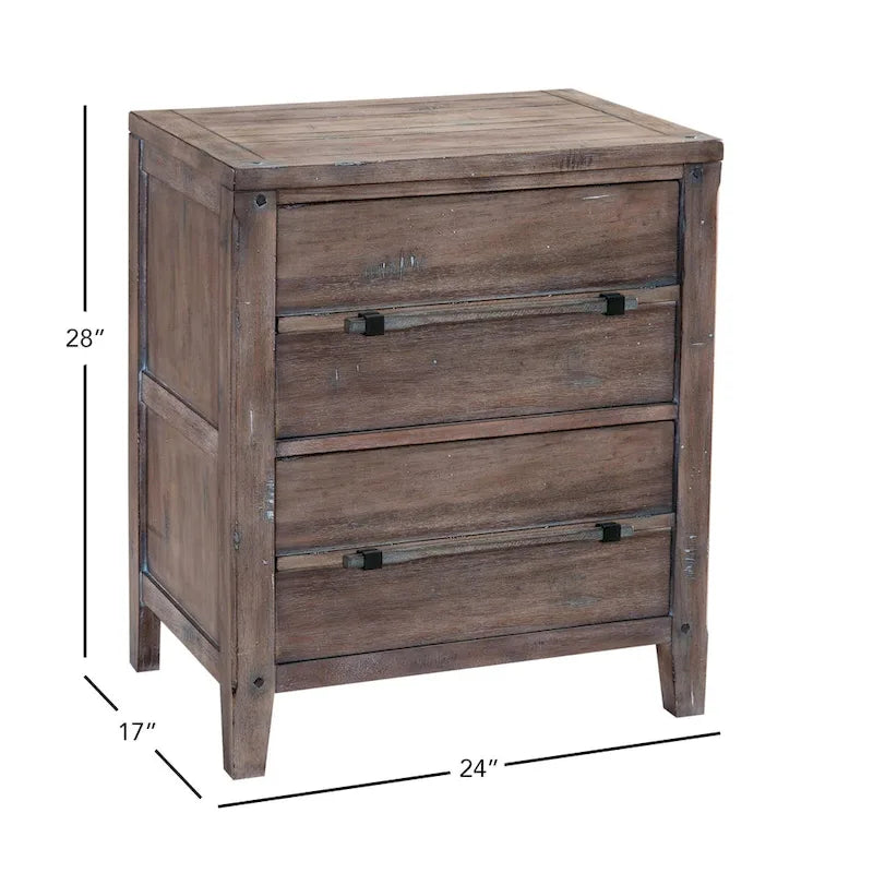 Table de chevet à 2 tiroirs, Blanc vieilli / Gris délavé, Style rustique, 1 pièce