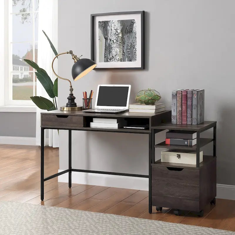 Bureau blanc/marron avec tiroir et étagère, pour une personne