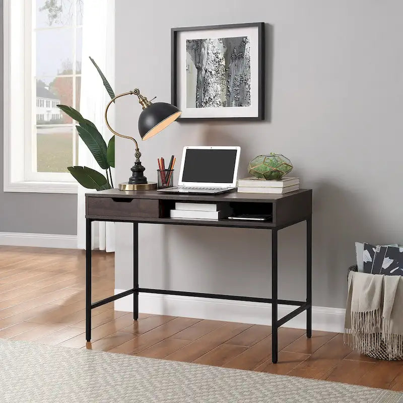 Bureau blanc/marron avec tiroir et étagère, pour une personne