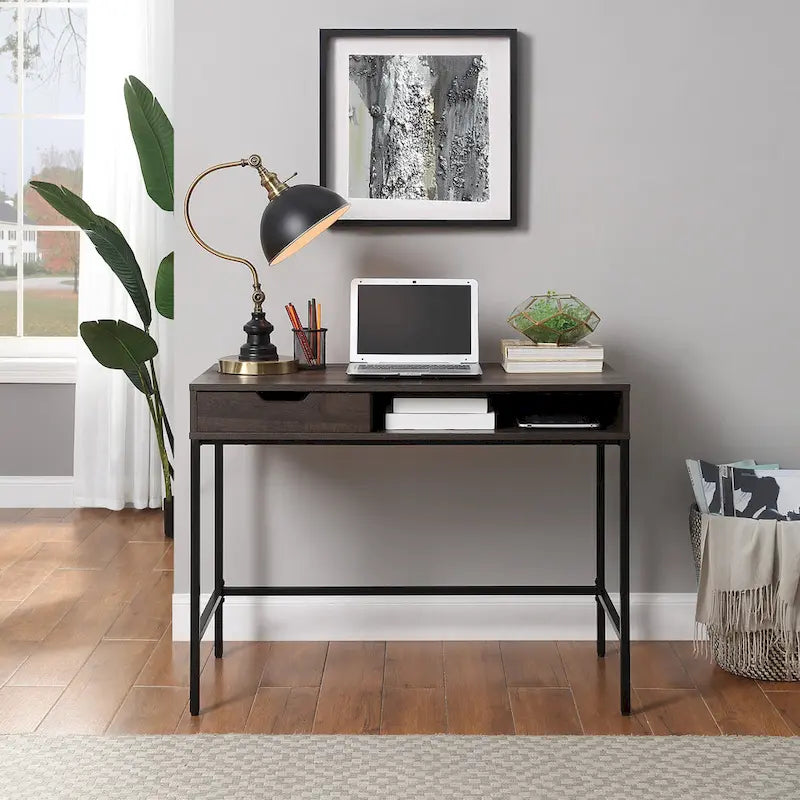 Bureau blanc/marron avec tiroir et étagère, pour une personne