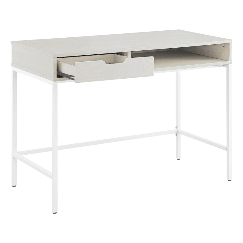 Bureau blanc/marron avec tiroir et étagère, pour une personne