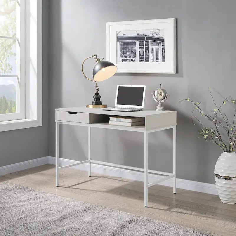 Bureau blanc/marron avec tiroir et étagère, pour une personne