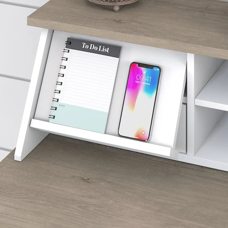 Organisateur de bureau avec 8 compartiments et tiroirs à crayons, gris shiplap/blanc pur